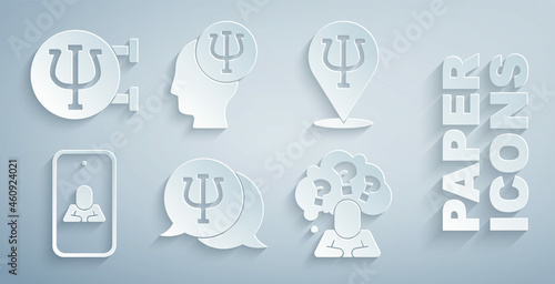 Set Psychology, Psi, Psychologist online, Head with question mark, and icon. Vector