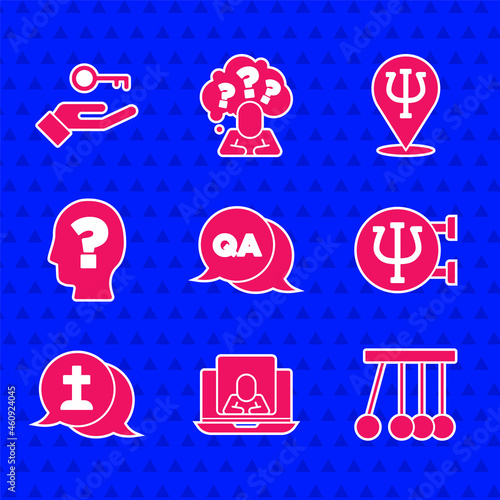 Set Question and Answer, Psychologist online, Pendulum, Psychology, Psi, Graves funeral sorrow, Head with question mark, and Solution to the problem icon. Vector