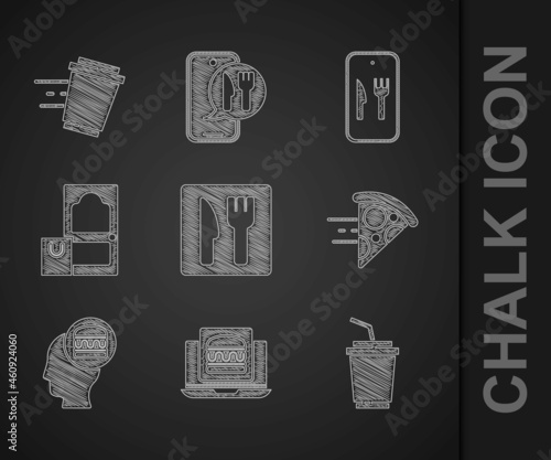 Set Cafe and restaurant location, Online ordering burger delivery, Paper glass with water, pizza, and Coffee cup to go icon. Vector