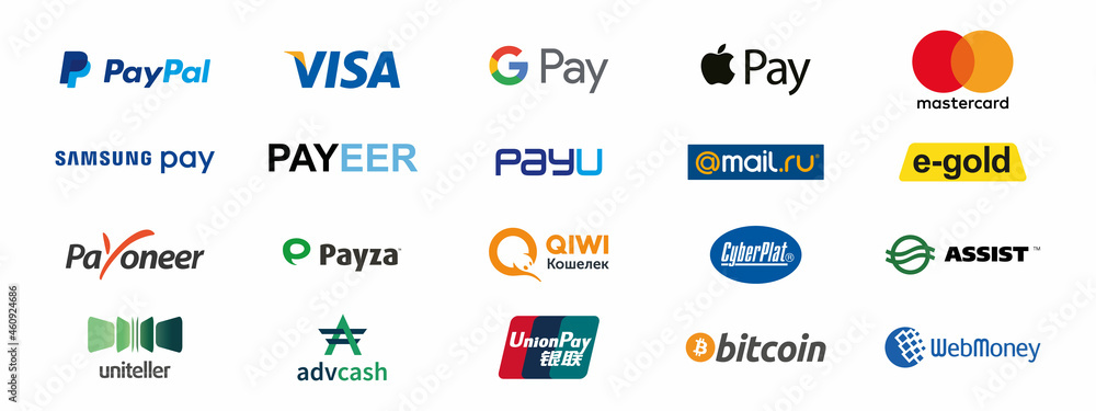 Payment System Logos: Maestro, Paypal, Jcb, Apple Pay, Google Pay,  Mastercard, Visa, Amazon, Skrill, Western Union, Google Wallet, Cirrus , Samsung  Pay. Stock Vector | Adobe Stock