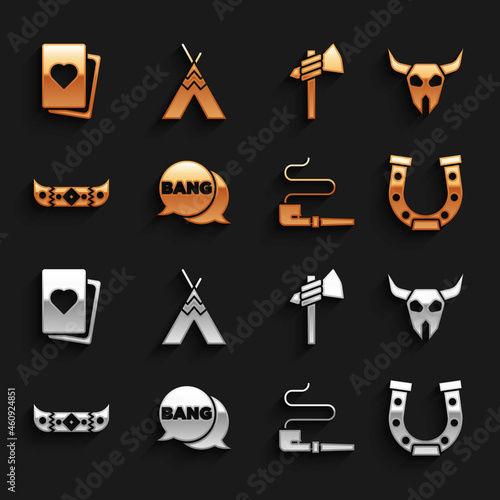 Set Bang boom, gun Comic, Buffalo skull, Horseshoe, Smoking pipe, Kayak canoe and paddle, Tomahawk axe, Deck of playing cards and Indian teepee wigwam icon. Vector