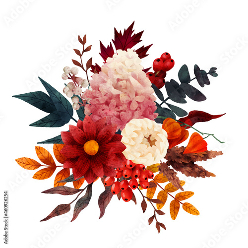 Lush floral composition, fall floral elements, hand drawn