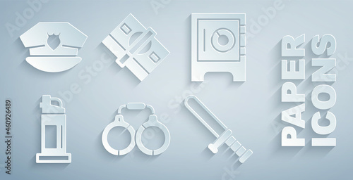 Set Handcuffs, Safe, Pepper spray, Police rubber baton, Stacks paper money cash and cap with cockade icon. Vector