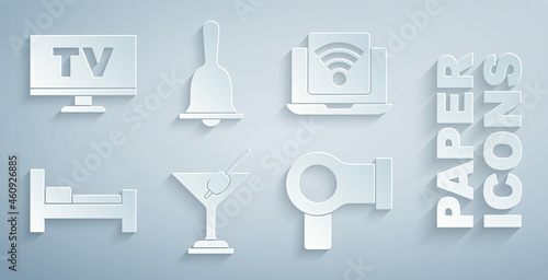 Set Martini glass, Wireless laptop, Hotel room bed, Hair dryer, service bell and Smart Tv icon. Vector