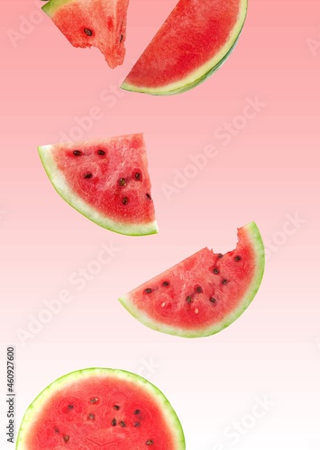 Floating, flying, levitating sliced fresh ripe watermelon