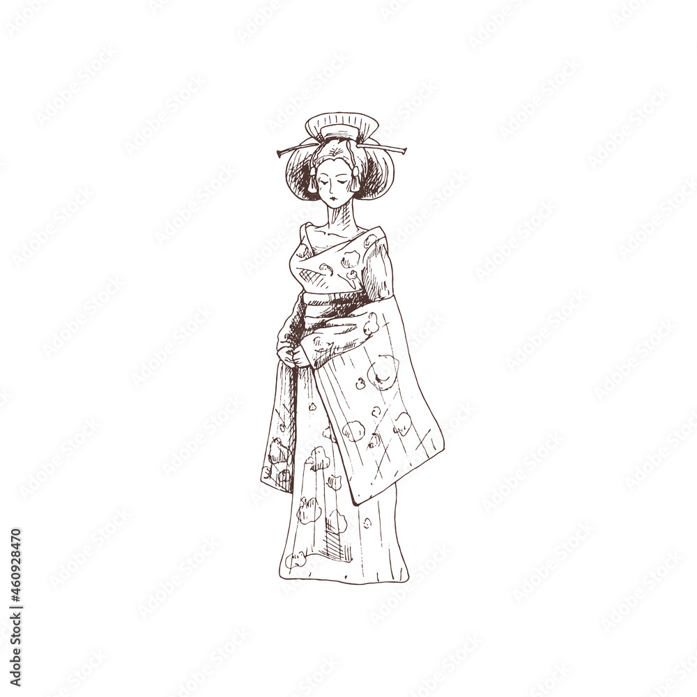 Woman dressed in kimono. Vintage vector hatching illustration