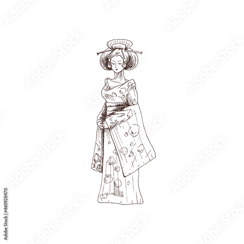 Woman dressed in kimono. Vintage vector hatching illustration