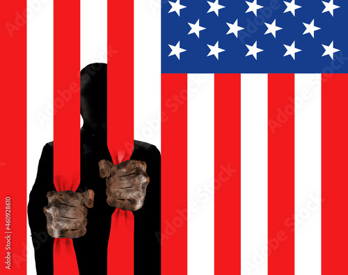 A jailed prisioner has his hands on the cell bars but in this case the bars are stripes on the flag of the USA. This is a 3-d illustration about being jailed in America. photo