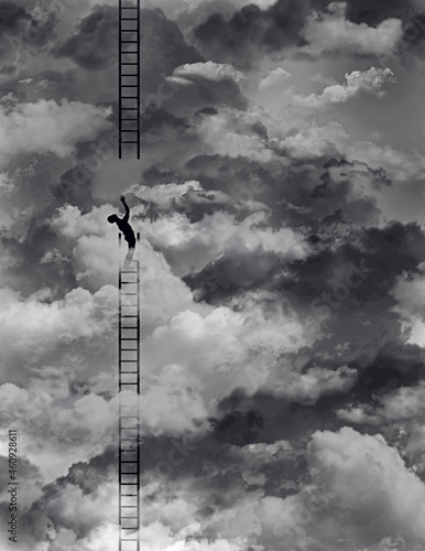 A man climbing a ladder upward into the clouds finds a gap between his ladder and the next ladder that he needs to go higher. This is a 3-d illustration.
