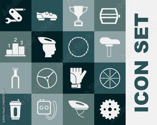 Set Bicycle sprocket crank, wheel, seat, Award cup with bicycle, helmet, over sports winner podium, Swiss army knife and icon. Vector