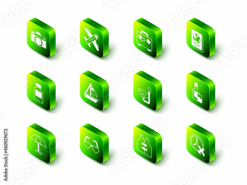 Set Plane, Suitcase, Passport, Whiskey bottle and glass, Clock with airplane, Diving mask snorkel, Life jacket and Heart shaped love glasses icon. Vector