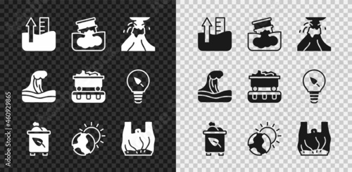 Set Rise in water level, Barrel oil leak, Volcano eruption with lava, Recycle bin recycle, Global warming, Say to plastic bags poster, Tsunami and Coal train wagon icon. Vector