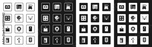 Set Retro typewriter, cinema camera, Storyboard, audio cassette tape, Drone flying, Media projector, Backstage and Sleeveless T-shirt icon. Vector