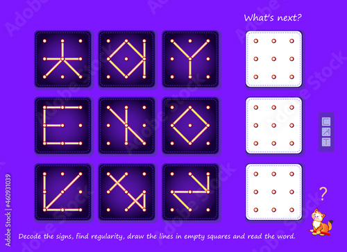 Logic puzzle game for smartest. What's next? Decode the signs, find regularity, draw the lines in empty squares and read the word. Page for brain teaser book. Spatial thinking skills. Play online.