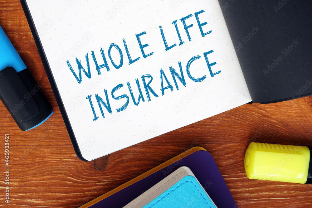 Financial concept meaning WHOLE LIFE INSURANCE exclamation marks with inscription on the sheet. Financial concept meaning WHOLE LIFE INSURANCE exclamation marks with inscription on the sheet.