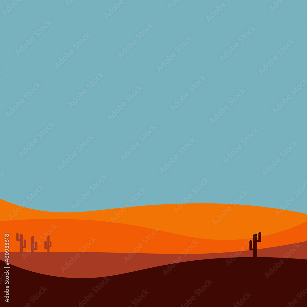 flat design illustration of a desert landscape vector with a beautiful sky, very suitable for display in the bedroom, living room, or for book covers, can also be used for web backgrounds