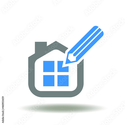 Vector illustration of house with drawing pencil. Symbol of BIM Building Information Modeling. Icon of build construction architecture designing.