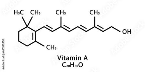 Vitamin A Retinol molecular structure. Vitamin A Retinol skeletal chemical formula. Chemical molecular formulas
