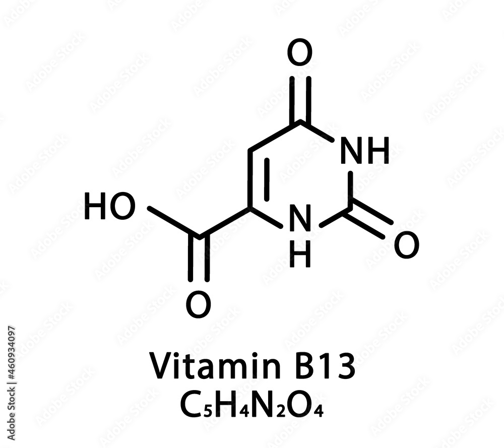 Vitamin B13 Orotic acid molecular structure. Vitamin B13 Orotic acid skeletal chemical formula. Chemical molecular formulas Vitamin B13 Orotic acid molecular structure. Vitamin B13 Orotic acid skeletal chemical formula. Chemical molecular formulas
