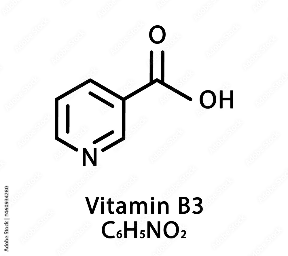 Vitamin B3 Niacin molecular structure. Vitamin B3 Niacin skeletal chemical formula. Chemical molecular formulas Vitamin B3 Niacin molecular structure. Vitamin B3 Niacin skeletal chemical formula. Chemical molecular formulas