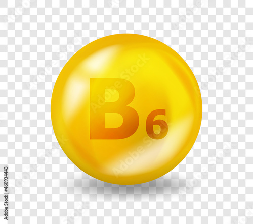Vitamin B6 Pyridoxine. Vitamin complex illustration concept. B6 Pyridoxine pill capsule. 3D Yellow drug nutrition design