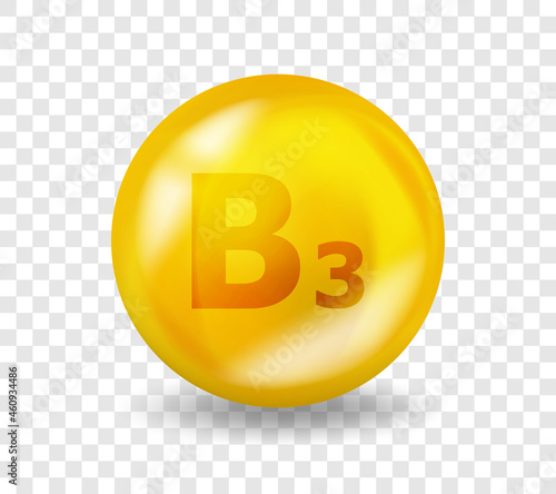 Vitamin B3 Niacin. Vitamin complex illustration concept. B3 Niacin pill capsule. 3D Yellow drug nutrition design