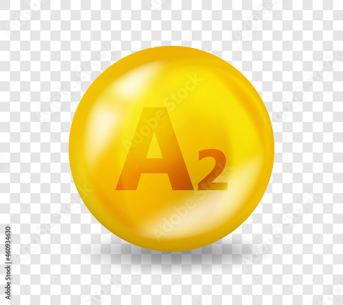 Vitamin A2 Dehydroretinol. Vitamin complex illustration concept. A2 Dehydroretinol pill capsule. 3D Yellow drug nutrition design