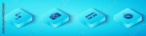 Set Isometric Swiss army knife, Photo camera, Compass and Hunting cartridge belt icon. Vector
