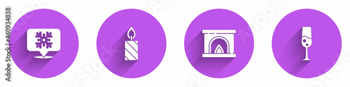 Set Snowflake speech bubble, Burning candle, Interior fireplace and Glass of champagne icon with long shadow. Vector