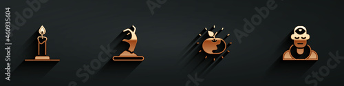 Set Burning candle in candlestick, Zombie hand, Poison apple and Wizard warlock icon with long shadow. Vector