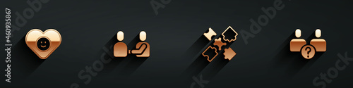 Set Good relationship, Happy friendship day, Puzzle pieces toy and Complicated icon with long shadow. Vector