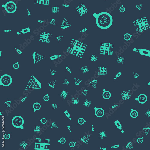 Set Notre Dame de Paris, Coffee cup, Louvre glass pyramid and Champagne bottle on seamless pattern. Vector