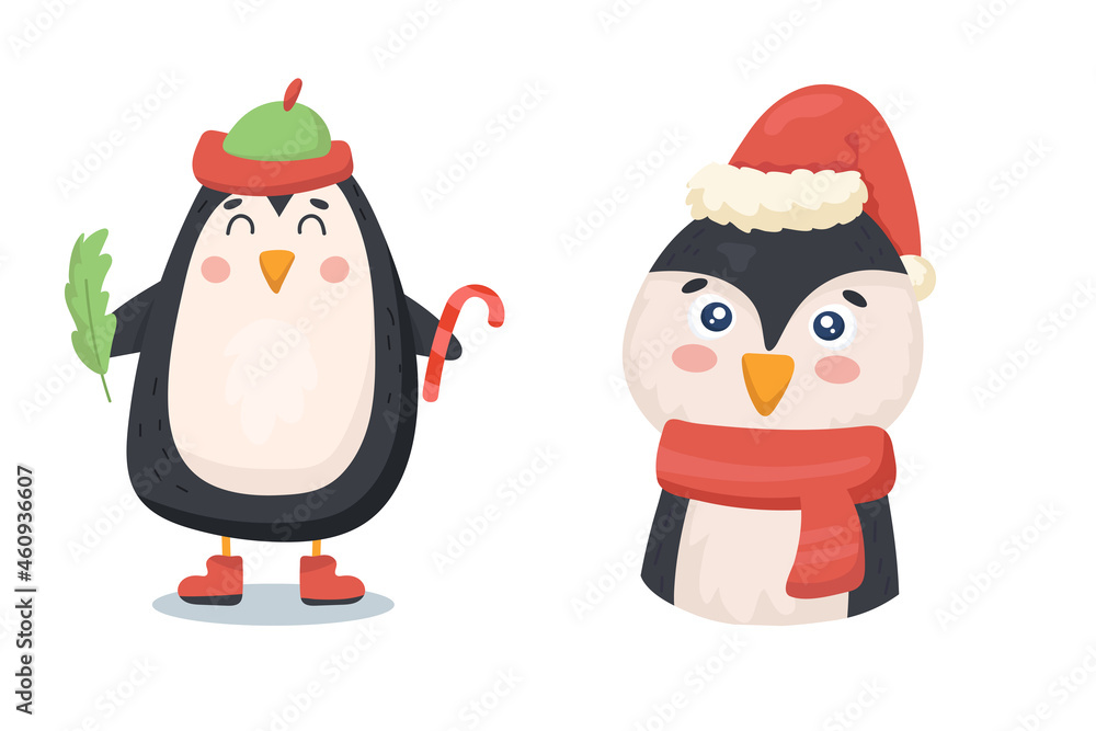 cute penguin in christmas clothes with sugar cane cute penguin in christmas clothes with sugar cane