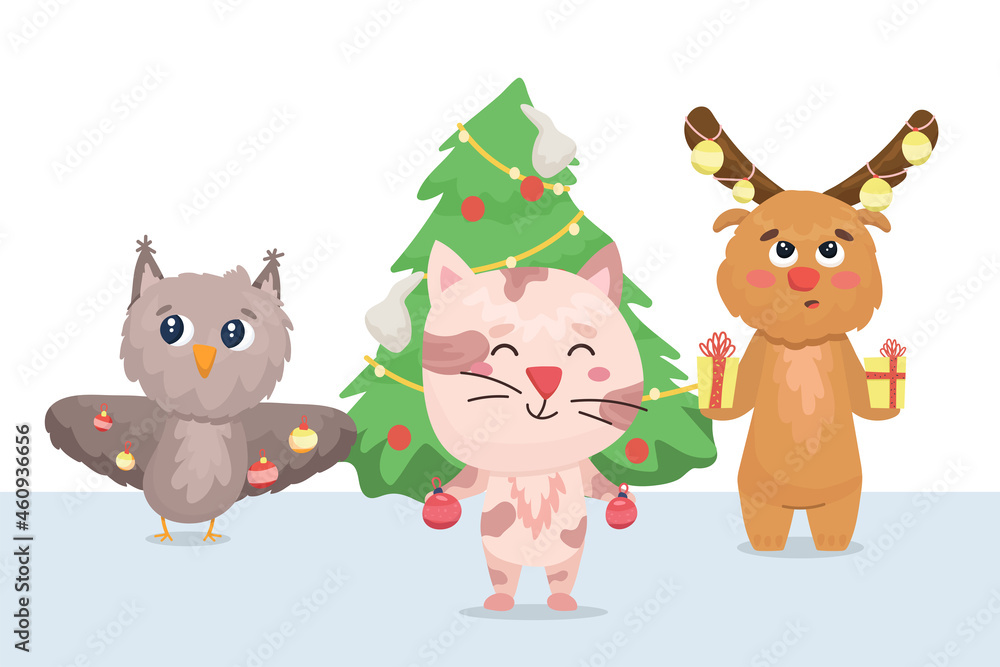 Naklejka premium owl, kitten and elk decorate the christmas tree