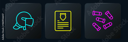 Set line Police helmet, Bullet and The arrest warrant. Black square button. Vector