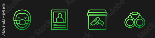 Set line Evidence bag with gun, Doctor pathologist, Wanted poster and Handcuffs. Gradient color icons. Vector