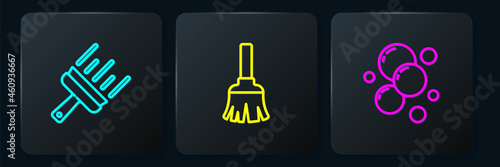 Set line Rubber cleaner for windows, Soap water bubbles and Feather broom. Black square button. Vector