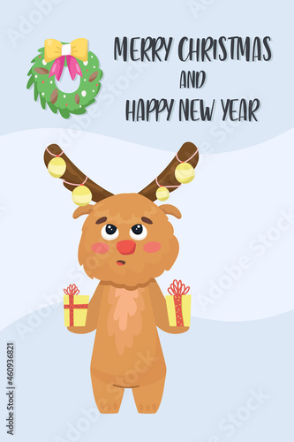 cute christmas poster with elk and phrase merry christmas and happy new year