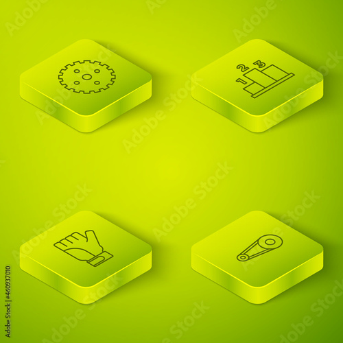 Set Isometric line Award over sports winner podium, Gloves, Bicycle chain with gear and sprocket crank icon. Vector