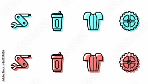 Set line Cycling t-shirt, Swiss army knife, Sport bottle with water and Bicycle sprocket crank icon. Vector