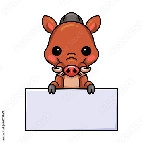 Cute little wild boar cartoon with blank sign