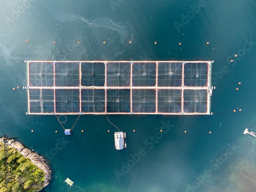Aerial view of salmon farms in the Reloncaví estuary, Los Lagos Region in southern Chile.
