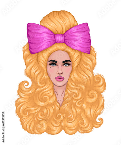 
Vector drawn portrait of a beautiful young glamorous blonde woman.  Fashion girl model with long curly locks yellow hair pinned with a big pink bow. Beauty concept Design card, print on t-shirt