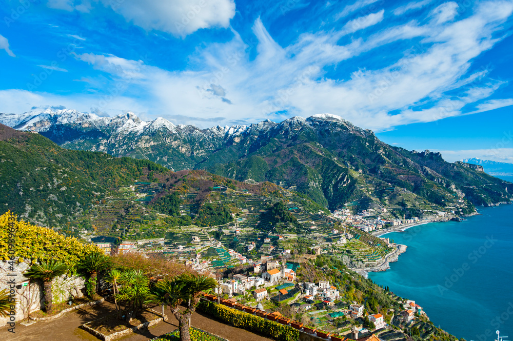Beautiful town of Ravello sits above the Amalfi Coast's seaside fishing villages, perched on a great spur of rock, above the Mediterranean Sea