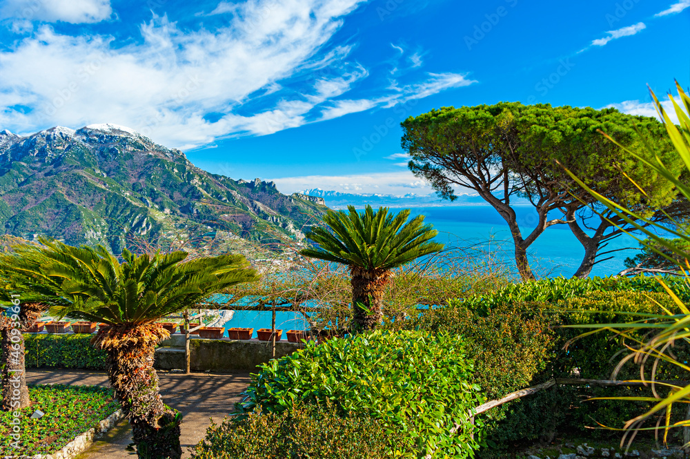 Beautiful town of Ravello sits above the Amalfi Coast's seaside fishing villages, perched on a great spur of rock, above the Mediterranean Sea