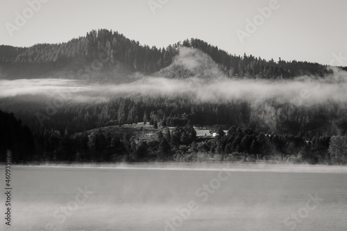 Landscape of lake and trees with a small house and fog over the forest