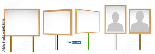 set of realistic banner mock up on wood stick isolated or demonstration banner protest placard or poster campaign board plank with bamboo. eps vector