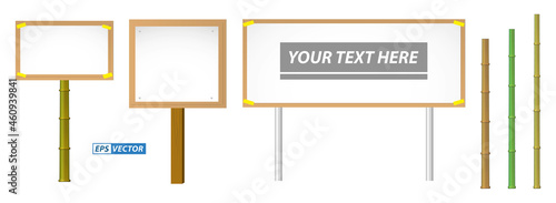 set of realistic banner mock up on wood stick isolated or demonstration banner protest placard or poster campaign board plank with bamboo. eps vector