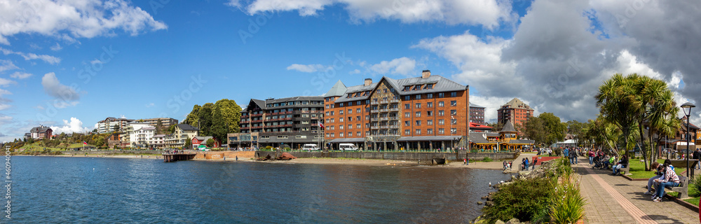 Naklejka premium Puerto Varas, Lake District in southern Chile. A beautiful town on the shore of Lake LLanquihue. Aerial view.