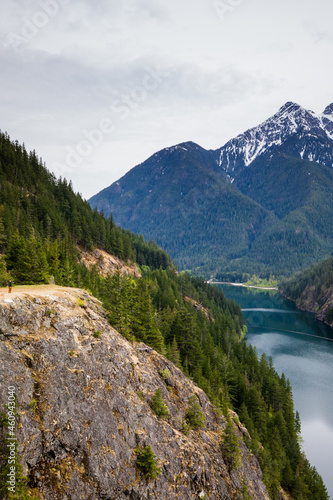 Diablo Lake and cliff at North Cascades National Park in Washington State during spring.